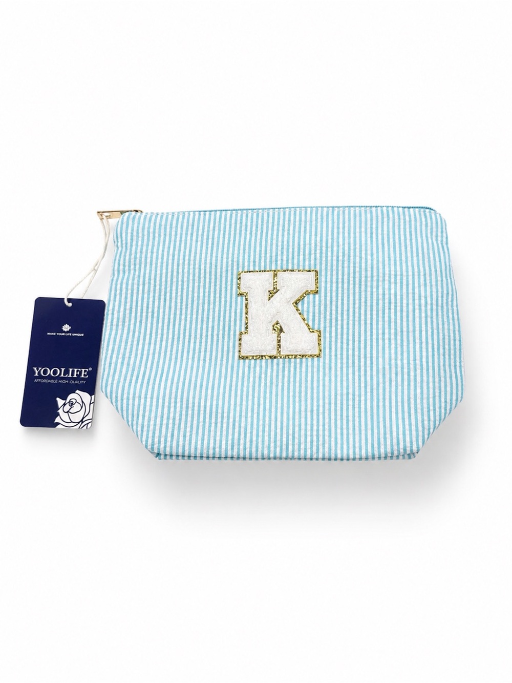 YOOLIFE Seersucker Initial “K” Cosmetic / Makeup Bag – Aqua Stripe NWT